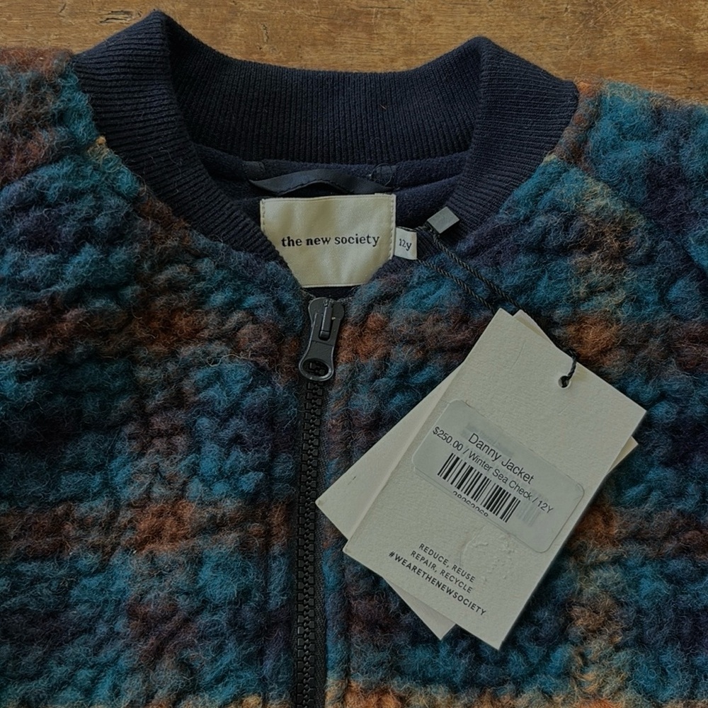 The New Society wool fleece Danny jacket in Winter Sea Check Sz 12